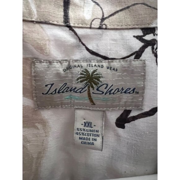 Mens Vintage Hawaiian Floral Beige Brown Linen Button Up Camp Shirt 2XL Pocket - Picture 6 of 7